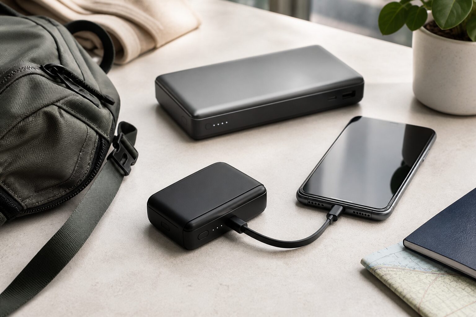 A1259011の10000mAh・最大30W・ケーブル内蔵・約215gを用途へ当てはめる図
