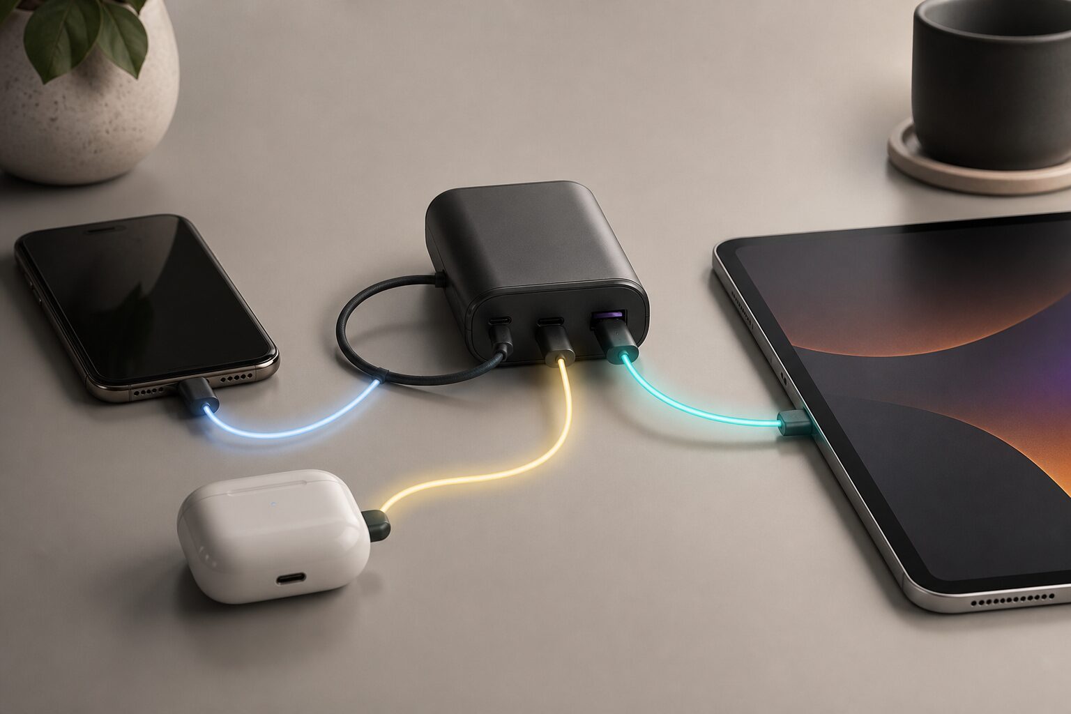 内蔵USB-C・USB-Cポート・USB-Aと単独30W・複数24Wを比較する図