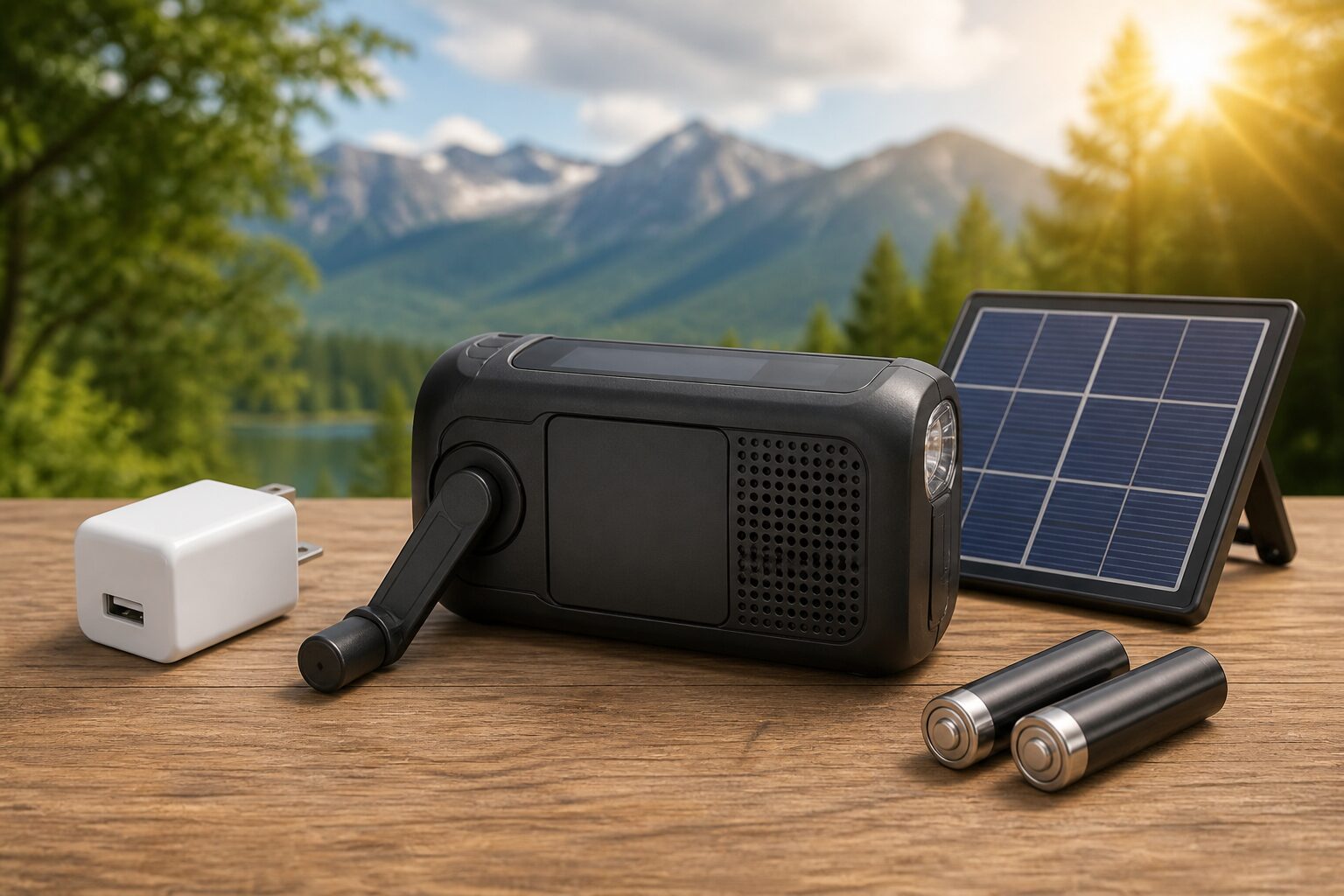 手回しとUSB ACと太陽光と単3形乾電池を優先順で使い分ける図