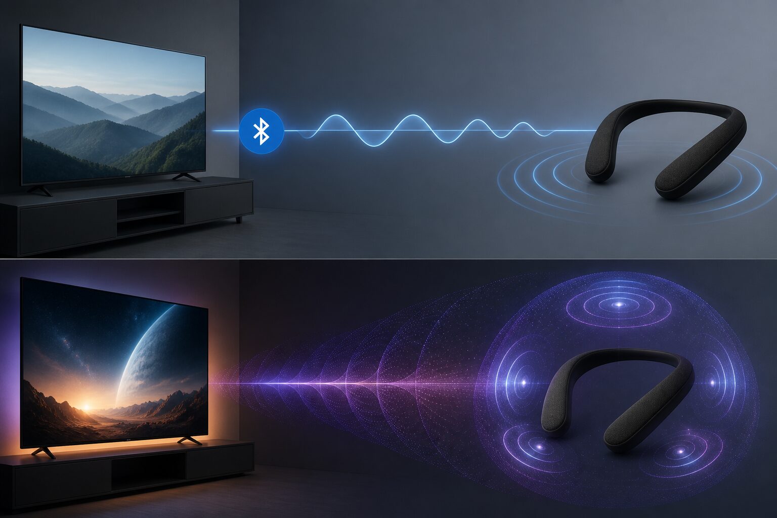 一般テレビのBluetooth接続と対応BRAVIAの立体音響経路を分ける図