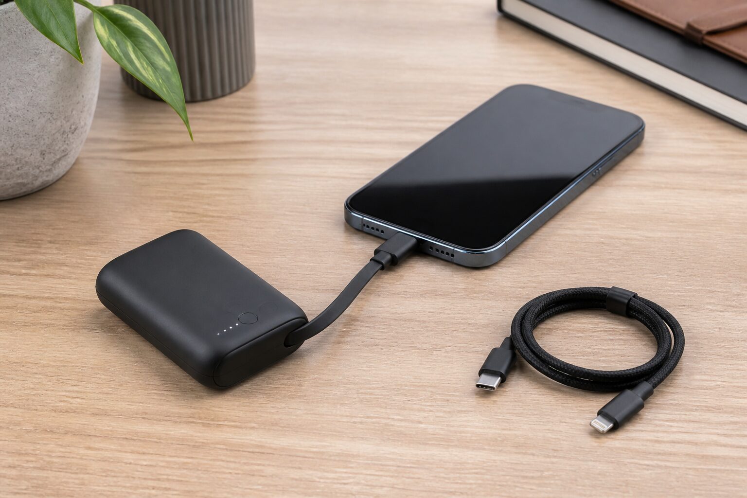 内蔵USB-Cケーブルの出力・入力・収納と別売りLightningを確認する図