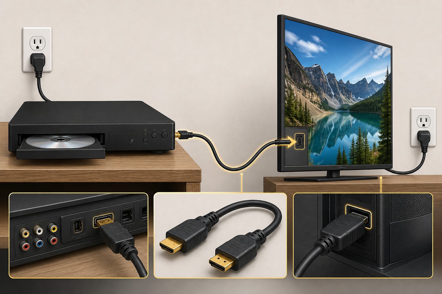 プレーヤー・HDMIケーブル・テレビ入力・電源を順に接続する図