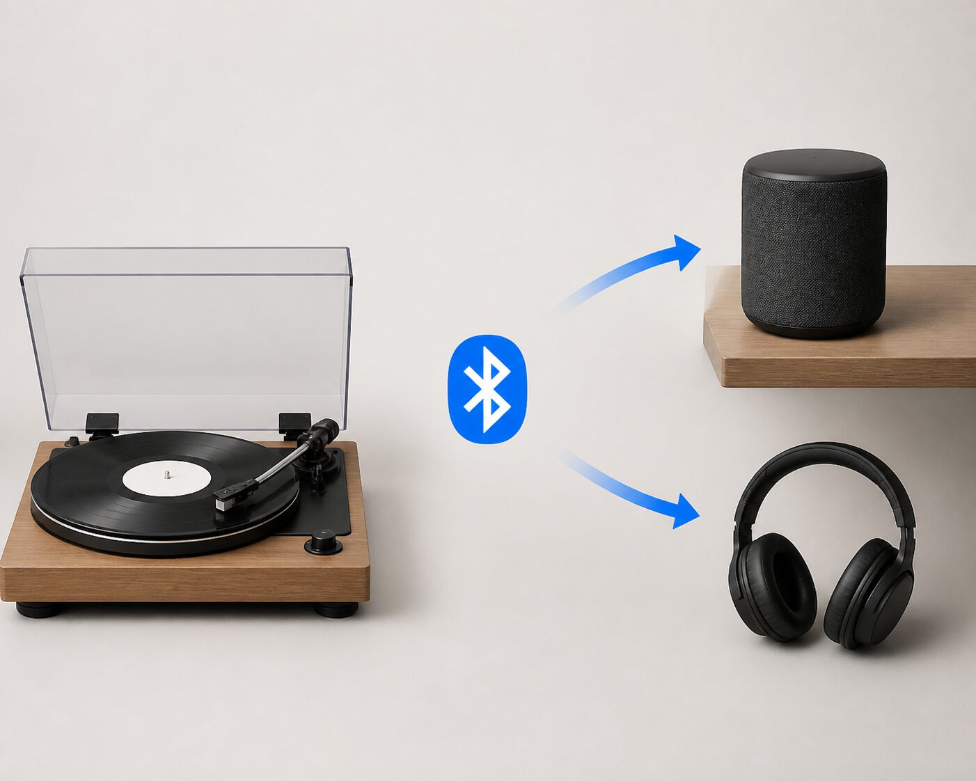 レコードプレーヤーからワイヤレススピーカーへBluetooth送信する図