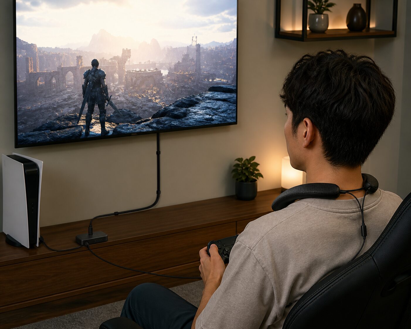 ゲーム機と付属オーディオアダプターとネックスピーカーを有線接続する図
