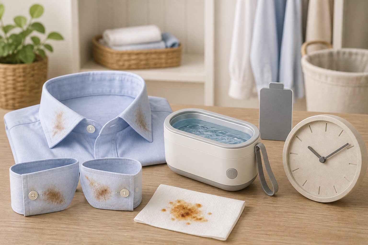 15分の使用時間と5時間充電を襟・袖・食べこぼしへ配分する図