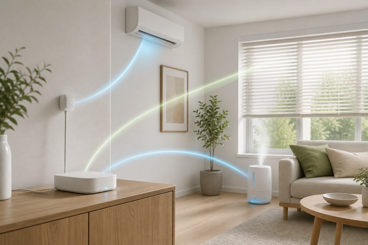 温湿度センサー付きケーブルと照度条件で家電を自動化する図