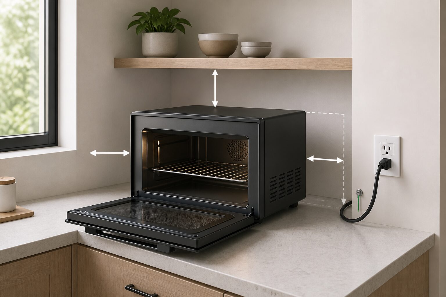 RE-WF185の本体寸法・扉・周囲10cm・専用電源を測る設置図