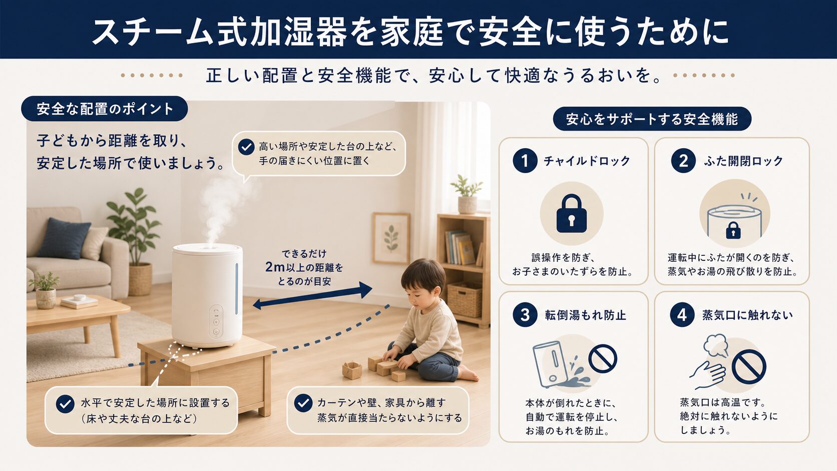 スチーム式加湿器の安全機能と子どもから離した設置の注意図