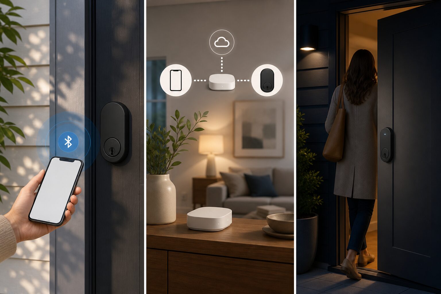 Bluetooth本体操作と対応ハブ経由の遠隔操作と夜間モードを用途別に分ける図