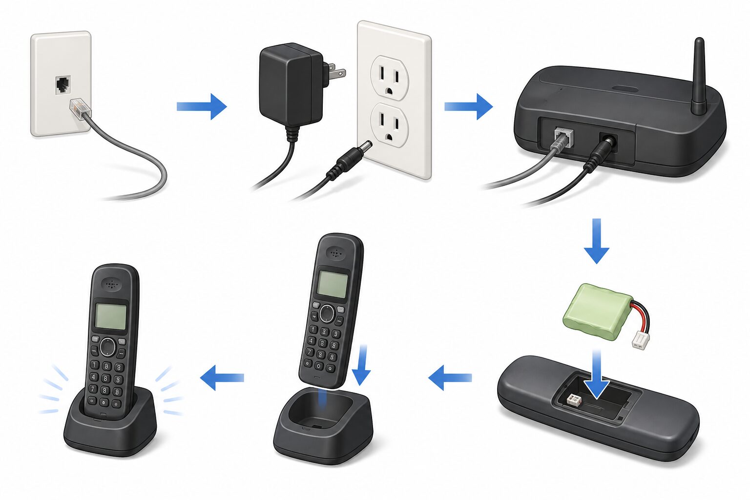 親機の電話線とACアダプターと子機充電を順に接続する図