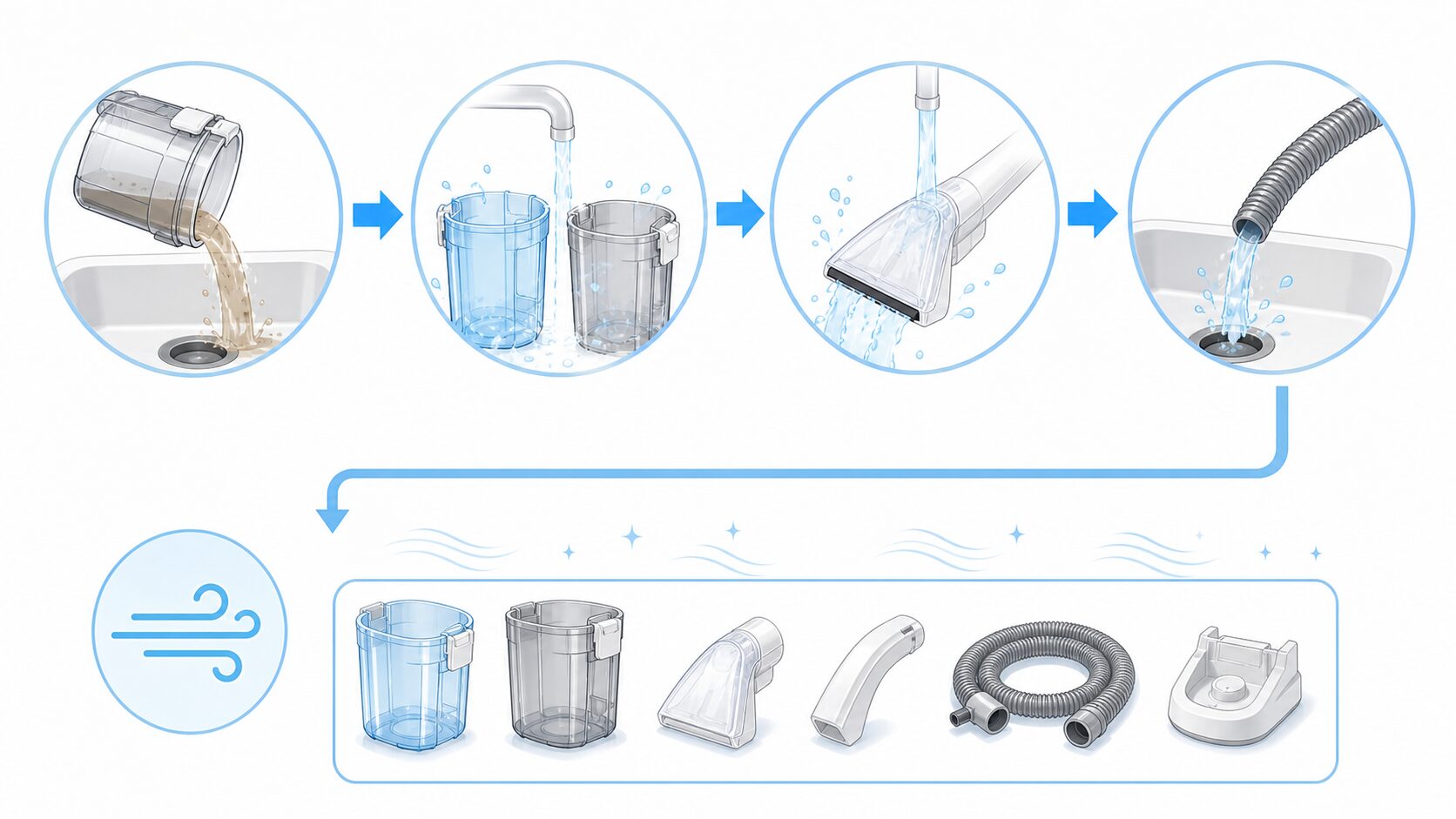回収タンク・ヘッド・ホースを洗って乾かす手入れ手順図