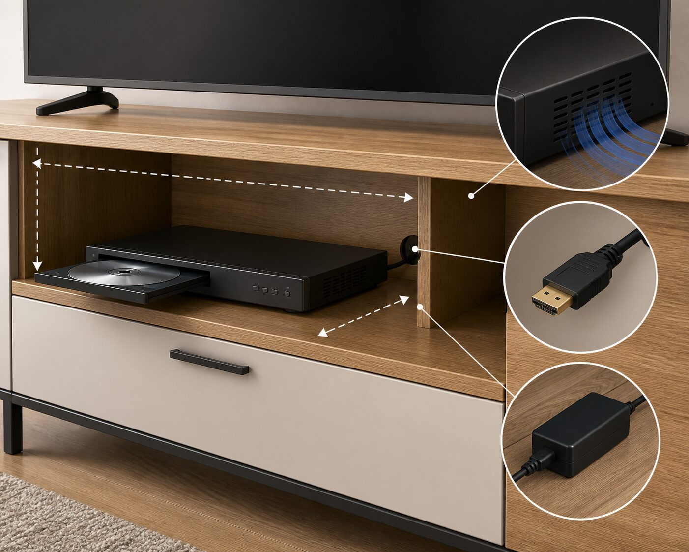 幅245mm本体とトレイ・通気・HDMI・電源アダプターを測る図