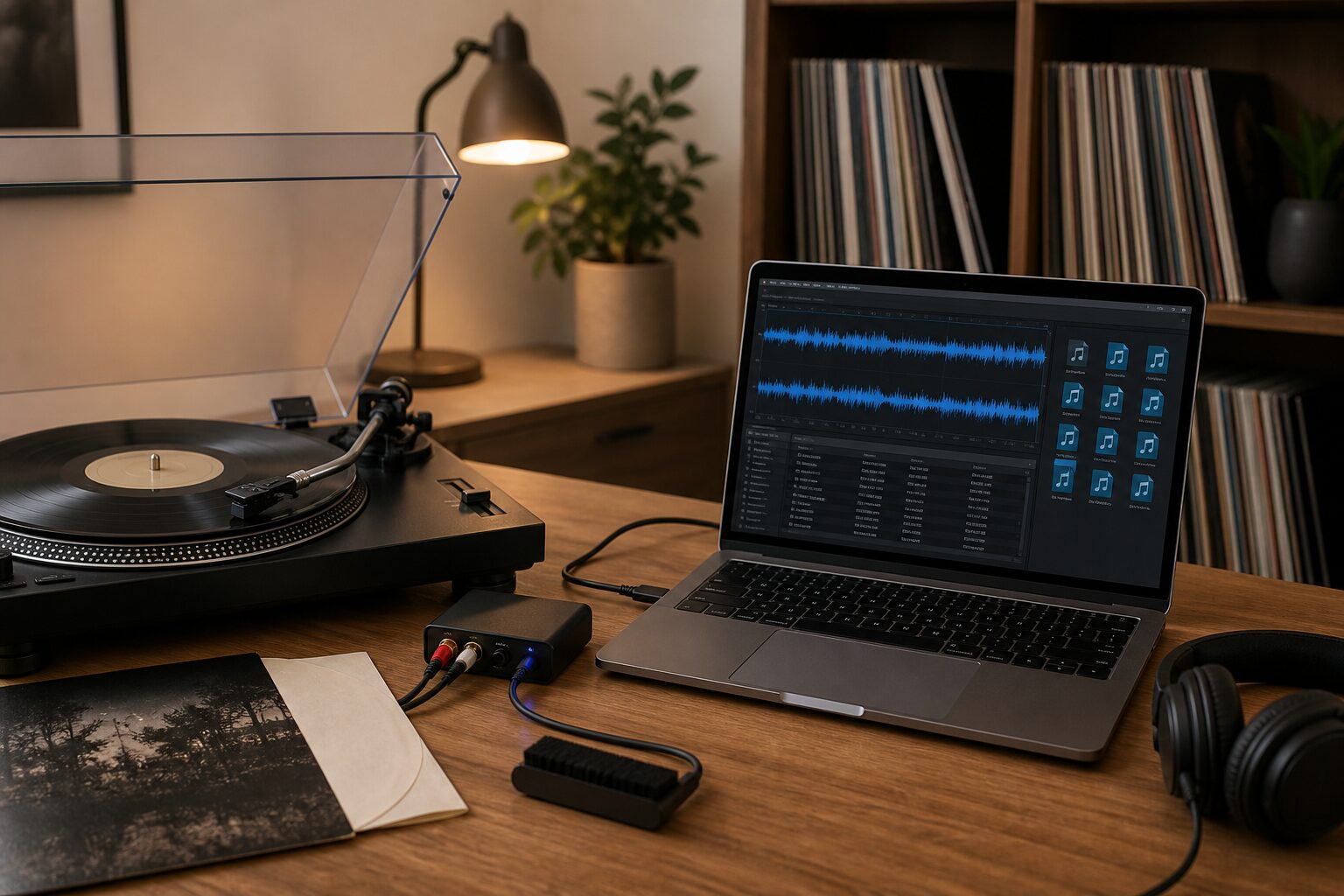 USBケーブルでレコード音源をパソコンへ録音する準備図