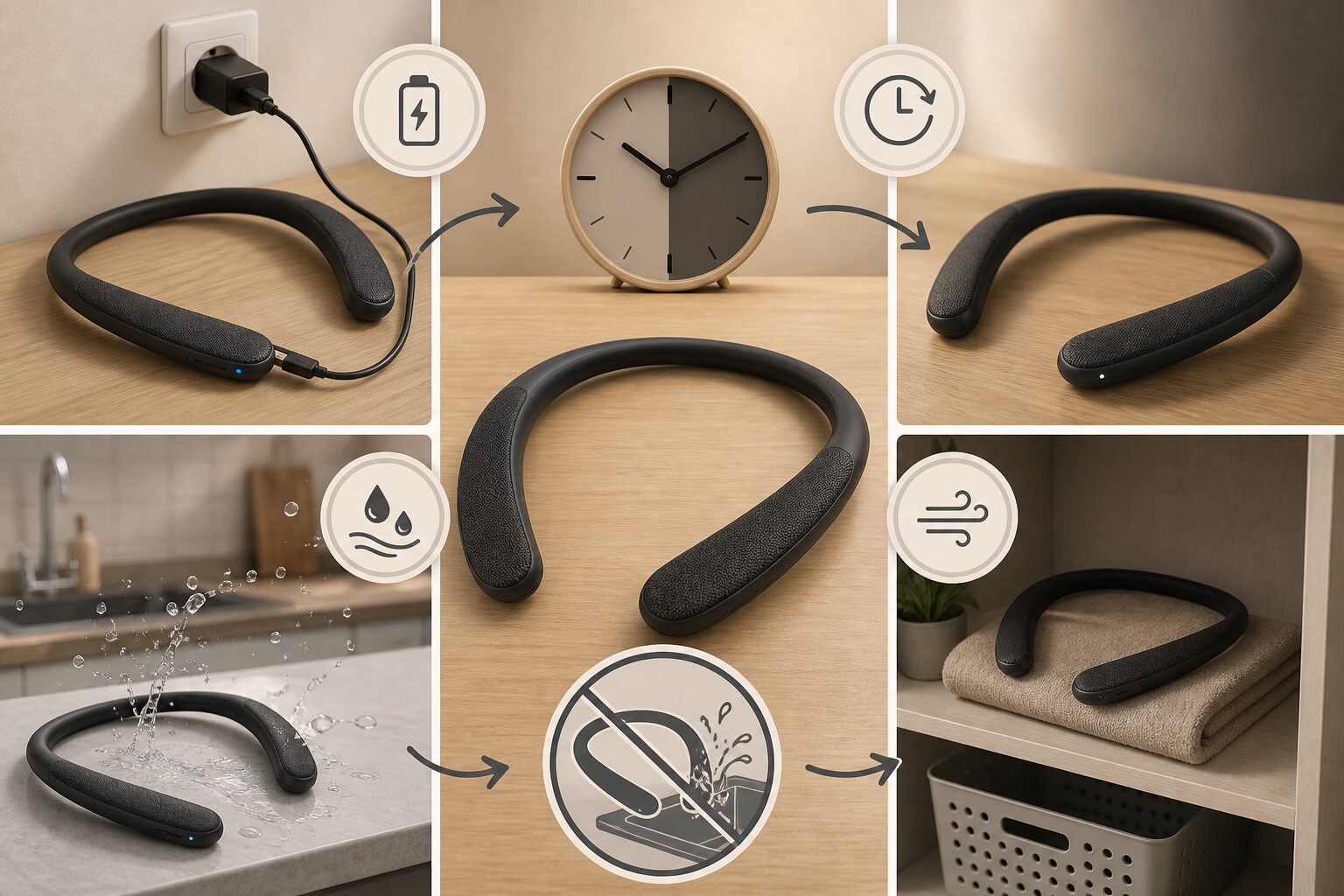 ネックスピーカーの再生時間と充電とキッチン防滴を安全に管理する図