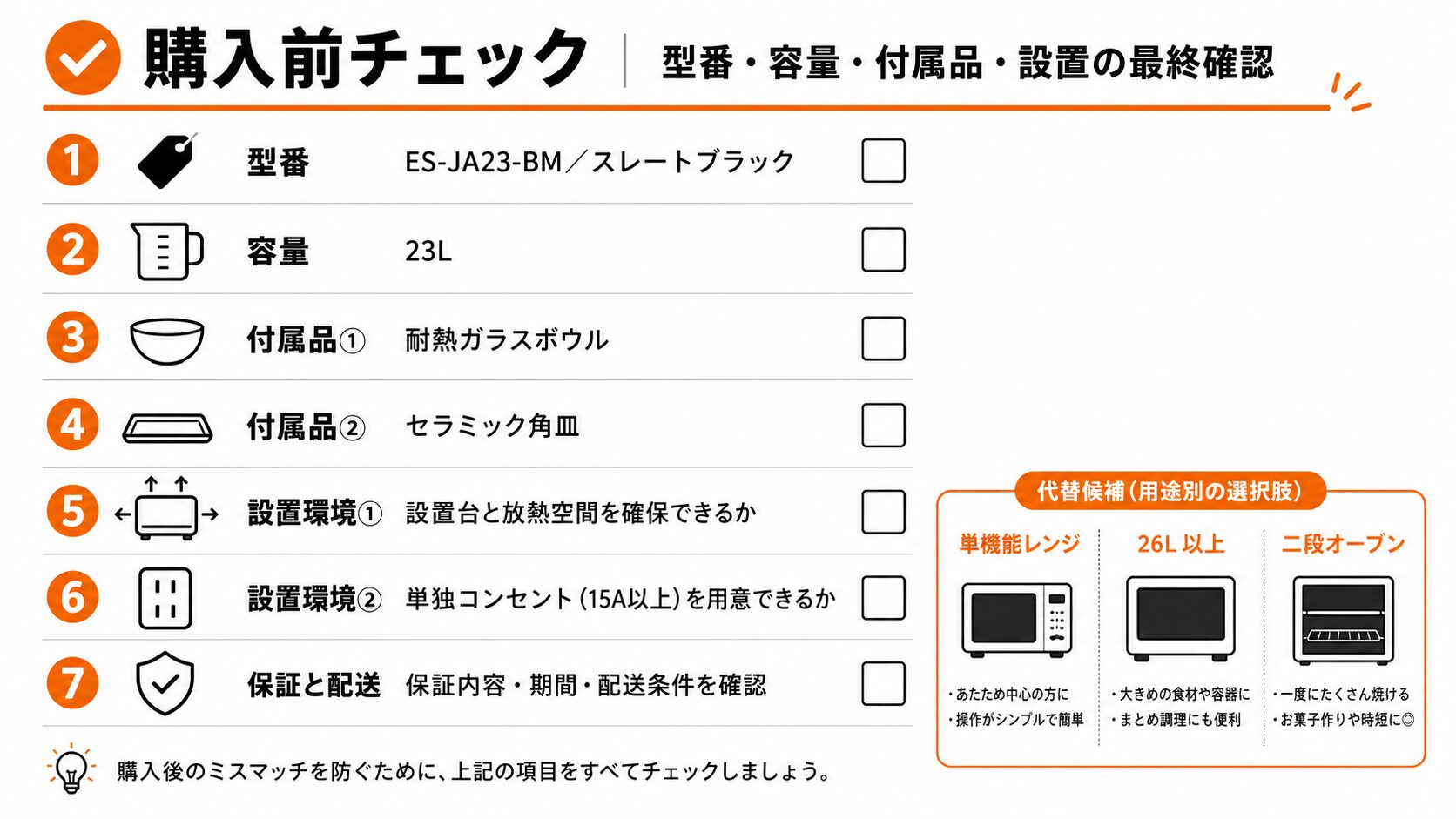 ES-JA23-BMの型番・色・容量・付属品の最終確認図